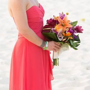 David's Bridal Coral Strapless bridesmaid dress